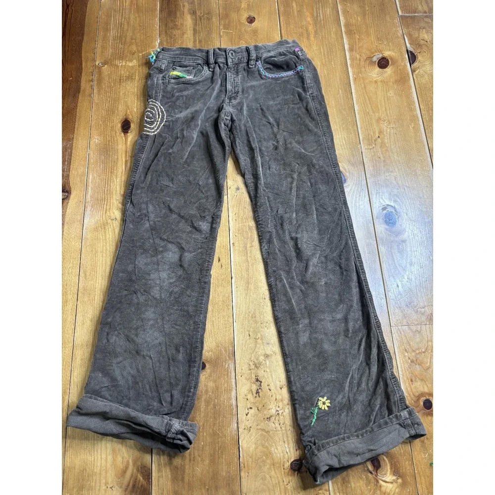 Diesel Boys 27 Corduroy Pants Brown Embroidered Lightning Bolt Flower Italy